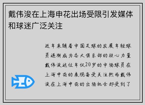 戴伟浚在上海申花出场受限引发媒体和球迷广泛关注