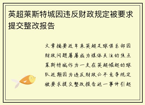 英超莱斯特城因违反财政规定被要求提交整改报告 英超莱斯特城因违反财政规定被要求提交整改报告
